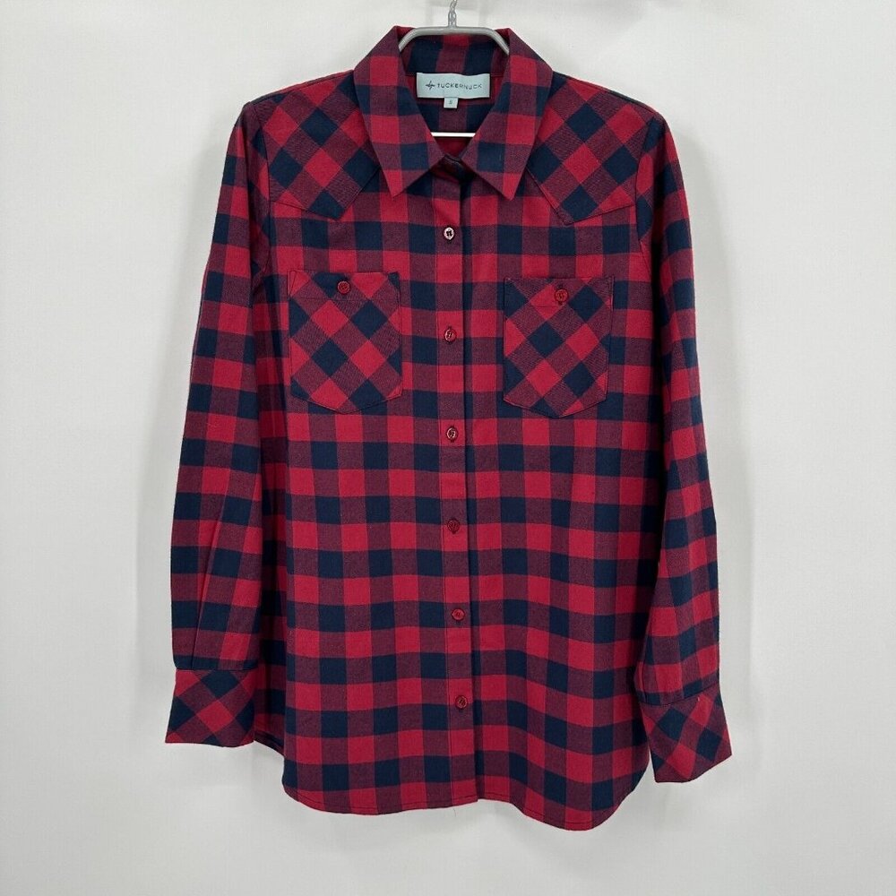 Tuckernuck Women's Red/Blue Gingham Flannel Button Down Shirt sz S Long Sleeve